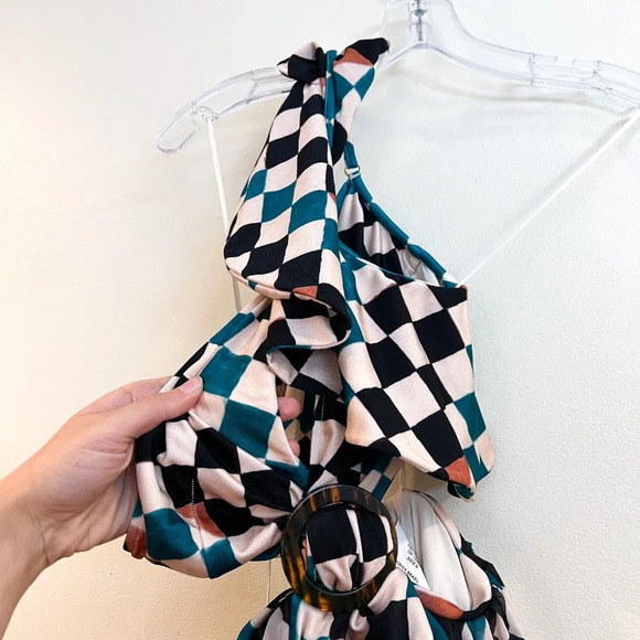 Patbo Check Printed Teal Multi One Shoulder Knee Length Beach Midi Dress S NWT - Picture 3 of 10